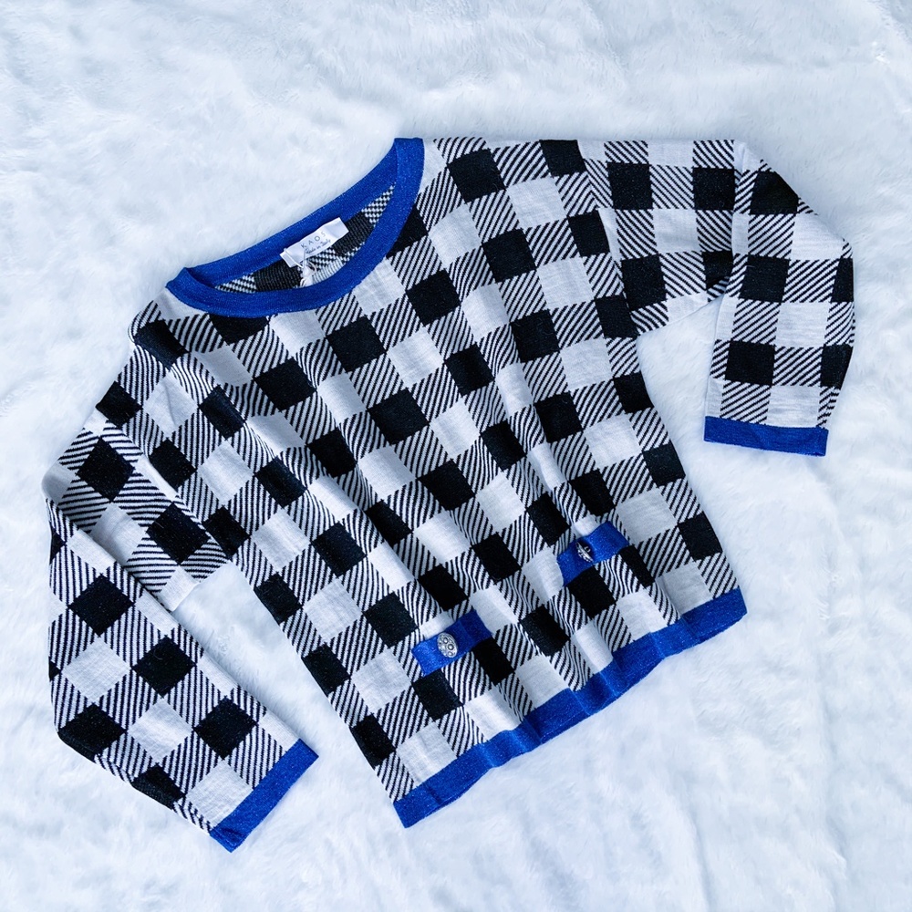 NEW KAOS Made in Italy Sweater Crop WideKnit Top M Gingham Black Offwhite Blue M